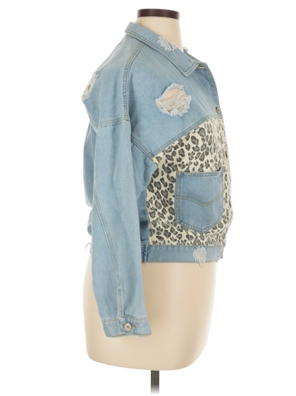 Y2K Leopard Patchwork Denim Jacket Cropped Distressed XL Streetwear - Picture 10 of 15
